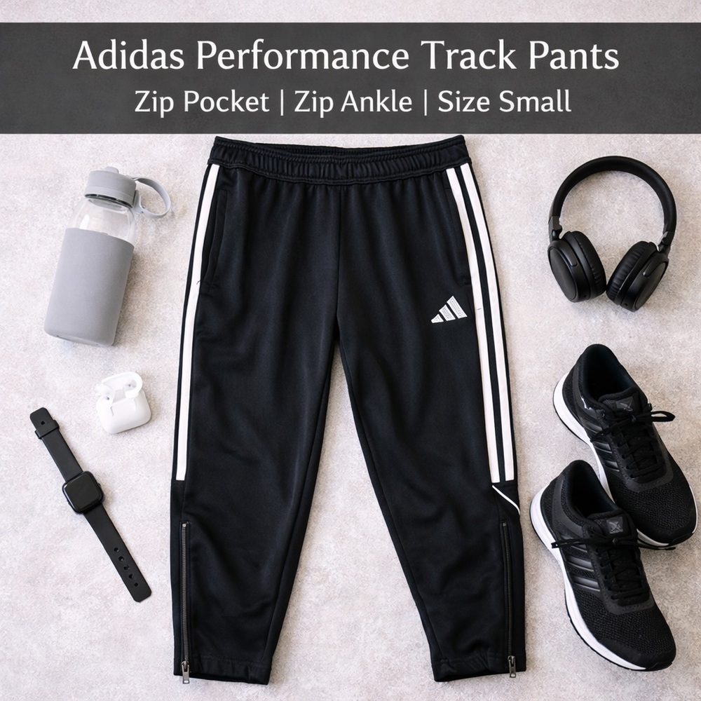 Adidas Black Track Pants | Size Small | Zip Pockets & Ankle Zips |